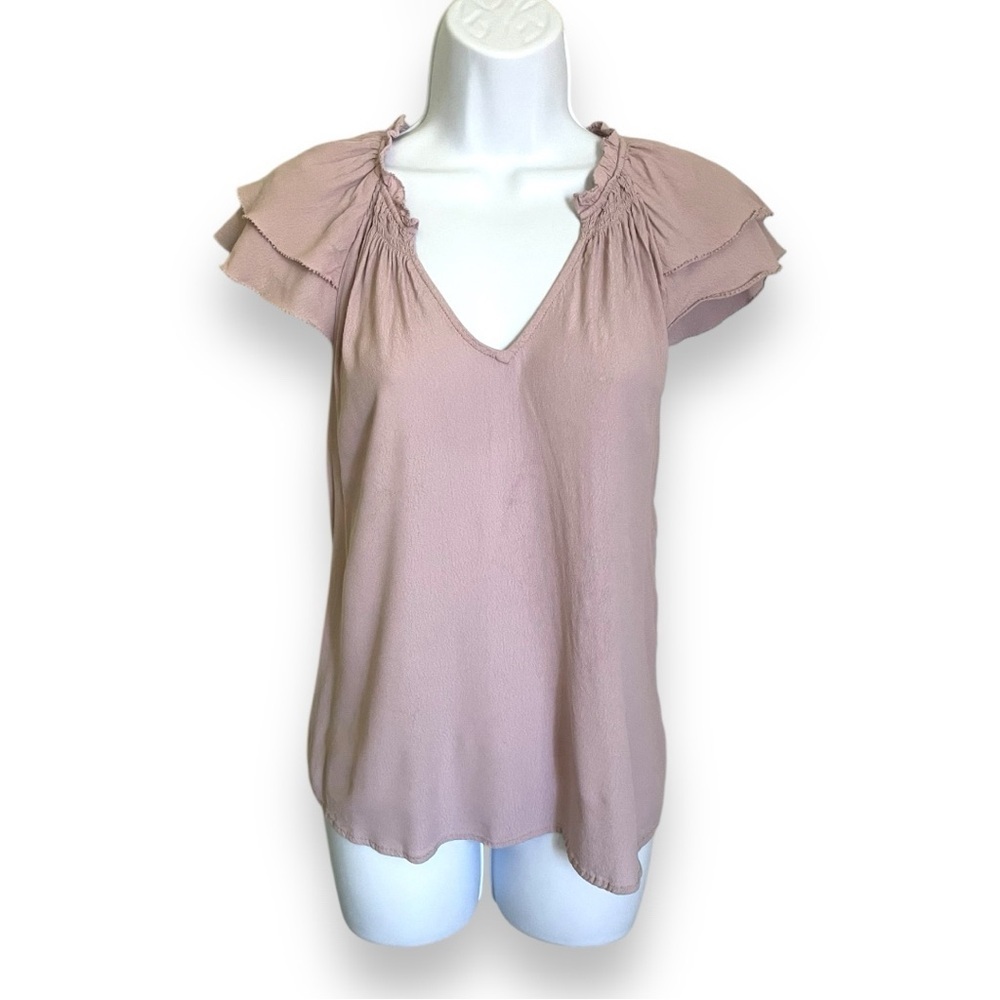 A New Day Mauve Ruffle Sleeve Blouse XS | Flutter Cap Sleeve V-Neck Flowy Top